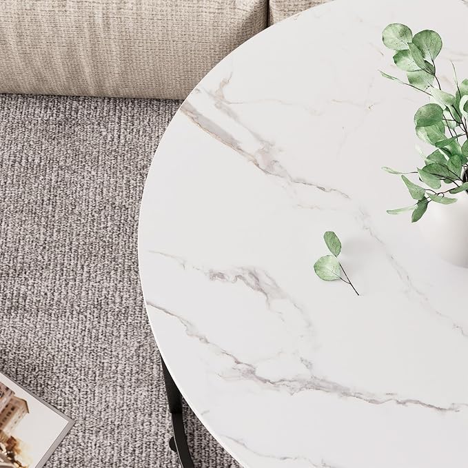 aboxoo Round Nesting Coffee Table Side Table Set of 2 End Tables for Living Room Bedroom Balcony, White Faux Marble Wooden Table Accent Coffee Table with Black Steel Frame