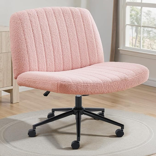 OLIXIS Criss Cross Chair with Wheels Wide Cross Legged Office Desk Vanity Chair Comfy Fabric Armless Adjustable Swivel for Home Computer Task Teddy Pink
