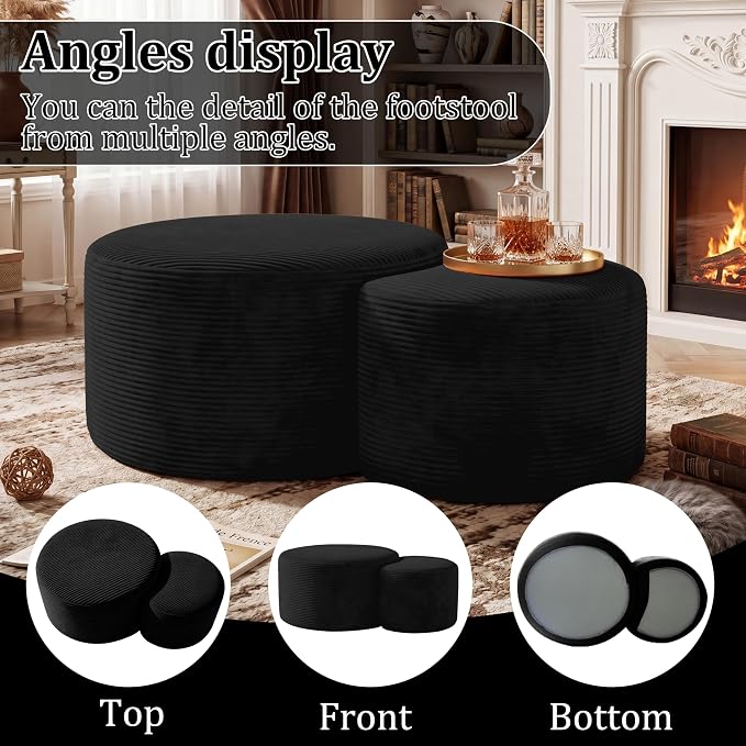 BSHOMGI Boneless Ottoman Nesting Coffee Table Set of 2,Corduroy Soft Foot Rest Movable Large Pouf Footstool for Living Room Sofa Couch Bedroom Entryway and Small Spaces No Assembly (Black)