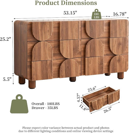 Fluted Dresser for Bedroom with 6 Drawers, 54" Wide Mid Century Modern Chest of Drawers , Wooden Curved Dresser TV Stand, Wood Closet Clothes Storage Organizer for Living Room, Hallway, Walnut
