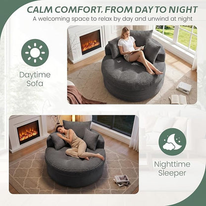 Oversized Round Chaise Lounge Chair, Deep Seat Cloud Boneless Floor Sofa Couch, Upholstered Corduroy Sleeper with 3 Pillows & Optional Ottoman, No Assembly Modern Lazy Floor Lounger for Living Room
