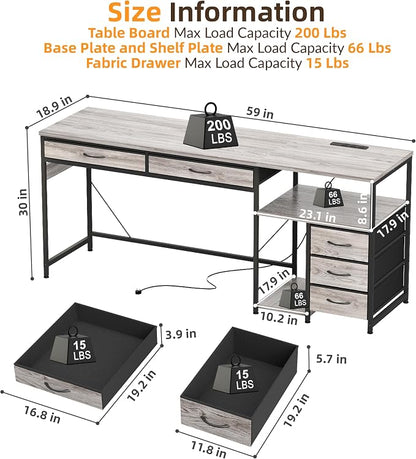 YOSHOOT 60" Computer Desk with 5 Fabric Drawers, Gaming Desk Table | Desk with Storage and Power Outlets, for Adults and Teenagers Working Writing Study, Grey