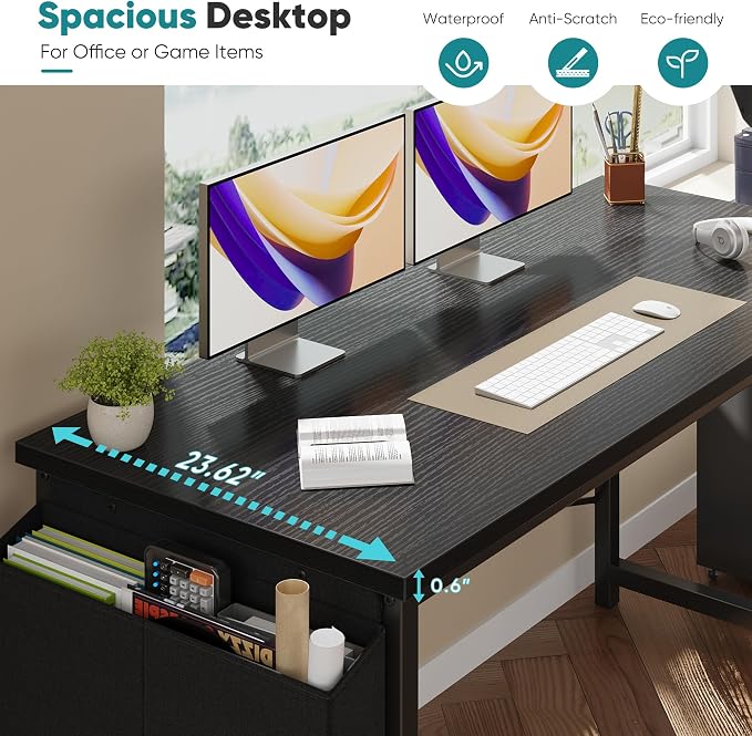 OLIXIS Computer Desk, 63 Inch Home Office Desks for Small Spaces, Writing Craft Study Gaming Table for Bedroom, Modern Computer Workstation with Storage Bag, Black