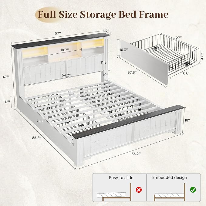 EnHomee Full Size Bed Frame with Storage Headboard and 4 Drawers,Charging Port & LED,No Box Spring Needed for Apartment,Noise,-Free,White with Grain Marks