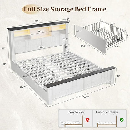 EnHomee Full Size Bed Frame with Storage Headboard and 4 Drawers,Charging Port & LED,No Box Spring Needed for Apartment,Noise,-Free,White with Grain Marks