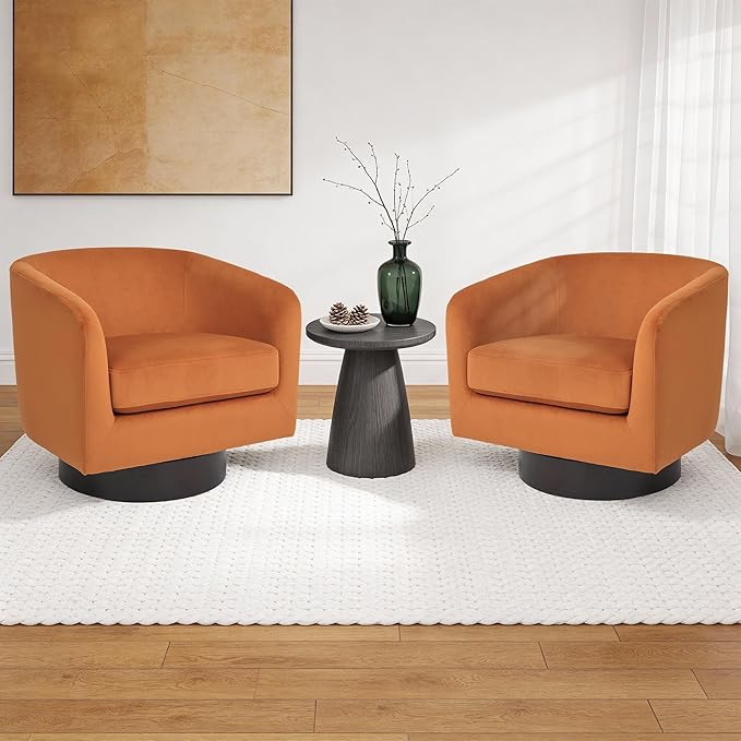 Swivel Barrel Accent Chair, Modern Round Chenille Fabric Arm Chair for Living Room, Bedroom, Comfy Club Reading Chairs for Adults（Velvet Orange, Set of 1