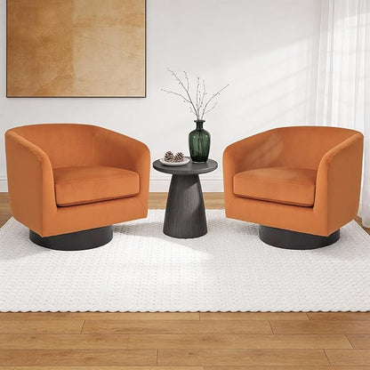 Swivel Barrel Accent Chair, Modern Round Chenille Fabric Arm Chair for Living Room, Bedroom, Comfy Club Reading Chairs for Adults（Velvet Orange, Set of 1