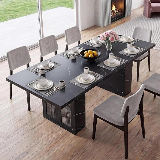 51"-78" Extendable Dining Table for 4-8, Black Faux Marble Kitchen Table | Modern Dining Room Table with Hidden Storage, Rectangle Dinner Tables for Dining Room Kitchen Living Room (Black Marble)