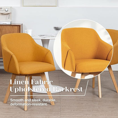 Swivel Dining Chairs Set of 2, Mid Century Modern Dining Chairs with Arms and Wood Legs, Linen Fabric Upholstered Kitchen Chairs for Dining Room Living Room, Comfortable Widen Seat, Yellow