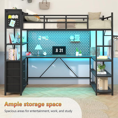 Loft Bed Twin Size with Storage Upholstered Headboard, Black Twin Loft Bed Frame with U-Shaped Desk & LED Lights, Bunk Loft Beds with Power Outlet, Loft Beds with 4 Storage Drawers, Guard & Ladder