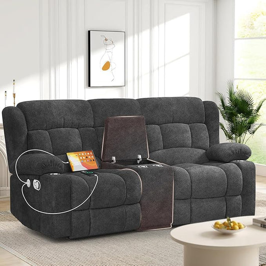 Loveseat Recliner Sofa, 2 Seater Curved Sofa for Living Room, Fabric Manual Pull Tab Reclining Loveseat with Storage Console, Home Theater Seating with USB Charge Ports, Cup Holders, Grey