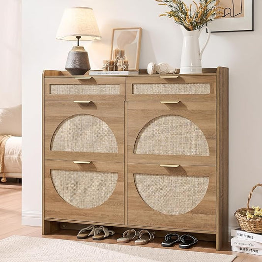 Rattan Shoe Storage Cabinet with 4 Flip Drawers & 2 Drawers, Freestanding Organizer for Front Door Entrance, Hidden Narrow Shoe Rack Cabinet Storage for Entryway, Rustic Oak Rattan
