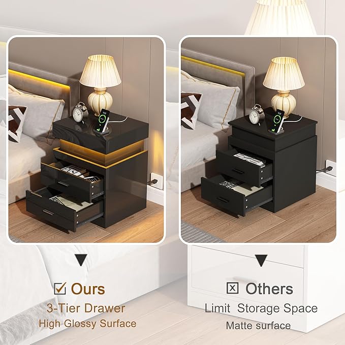 ChooChoo LED Nightstand Set of 2,Smart Night Standwith Charging Station and Sliding Top Storage, Black