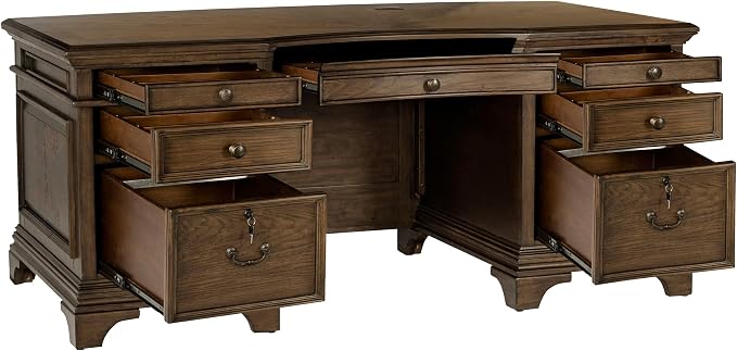 Pemberly Row Executive Desk, 72" W x 39" D x 31.25" H, Burnished Oak Finish, Wood Construction, Lockable File Cabinets, Felt-Lined Drawers, Bronze Hardware, Traditional Home Office Desk for Workspace