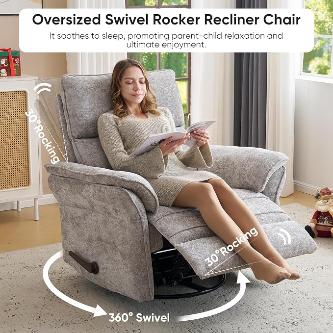 Rocking Chair Nursery with Adjustable Headrest,Manual Swivel Rocker Recliner Nursery Chair with Overstuffed Armrest,Glider Rocker Recliner for Living Room & Bedroom,Light Grey