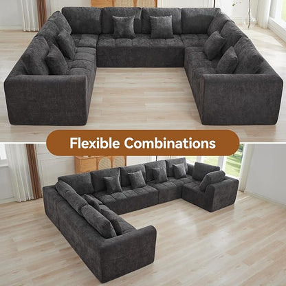 140''Modular Sectional Couches for Living Room, Cloud Boneless Compressed Sectional Sofa, Oversized U Shaped 8 Seater Upholstered Memory Foam Sofa, No Assembly, Chenille Grey