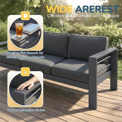 Solaste Aluminum Patio Furniture Set for All Weather, Oversized Metal Outdoor Furniture Set with 27.5" Deep Seating and 3.2" Wide Armrest, Outdoor Patio Sofa with 10" Back Suport Cushion
