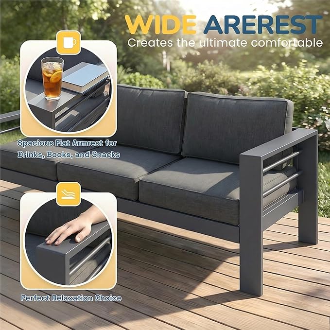 Solaste Aluminum Patio Furniture Set for All Weather, Oversized Metal Outdoor Furniture Set with 27.5" Deep Seating and 3.2" Wide Armrest, Outdoor Patio Conversation Sets with 10" Back Cushion, Gray