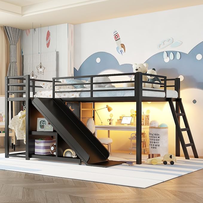 Bellemave Twin Size Loft Bed with 7 Non-Woven Fabric Drawers, Shelves and Wardrobe, Twin Loft Bed with Detachable Slide and Ladders, Low Profile Loft Beds with Lights, Noise Reduced Design Black