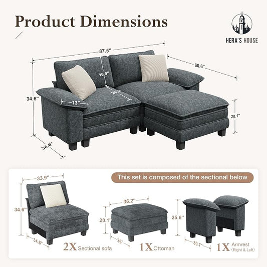 HERA'S HOUSE 88" Modular Sectional Sofa, L Shaped Couches for Living Room, Comfy Cloud Couch with Ottoman, 3-Seater Deep Seat Sofa with Throw Pillow, Chenille Blue