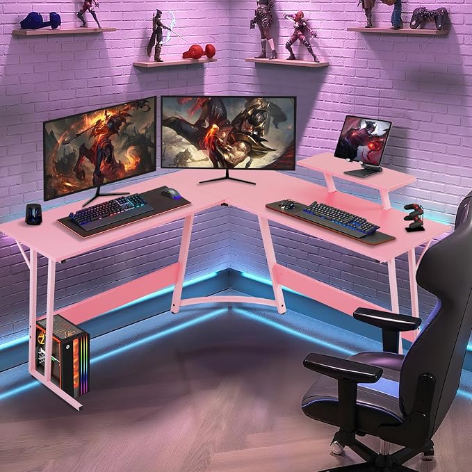 51 Inch L Shaped Gaming Desk Corner Computer Desk with Detachable Monitor Stand for Home Office Learning Gaming Workstation,Pink