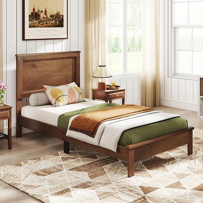 GOFLAME Twin Size Wood Bed Frame, Mid-Century Modern Platform Bed with Headboard, Solid Wood Legs, Mattress Foundation with 12 Wooden Slats, No Box Spring Needed, Walnut