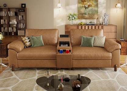 SITJOY Large Cloud Couch, 100" Wide Loveseat Sofa, Faux Leather in Brown | Pet-Friendly Scratch-Resistant Leather Sectional Sofas for Living Room, Deep Seat Wide Couch with Cuphoders