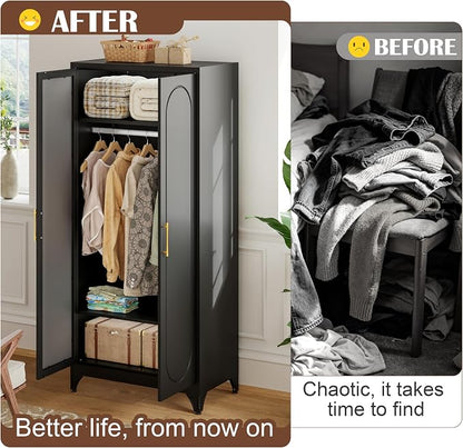 SteeLoong Metal Wardrobe Cabinet with Hanging Rod, 71" Tall Armoire Wardrobe Closet with Mirror Doors and Adjustable Shelves, Black Clothing Storage Cabinets for Bedroom, Laundry Room,Office
