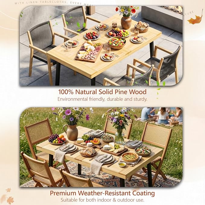 VINGLI 48 Inch Solid Wood Dining Table for 4-6, Oak Rectangular Kitchen Table with Waterproof Tabletop for Indoor & Outdoor Use, Pine Wood Dinner Table for Patio, Dining Room, Kitchen, Apartment