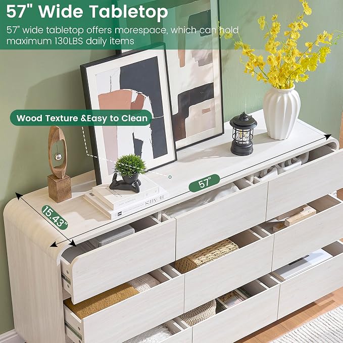 Standifurno White Dressers of 9 Drawers, Chest Dresser with Deep Drawers, Modern Dresser Closet for Bedroom, Curved Drawer with Large Storage, 57'' Wide