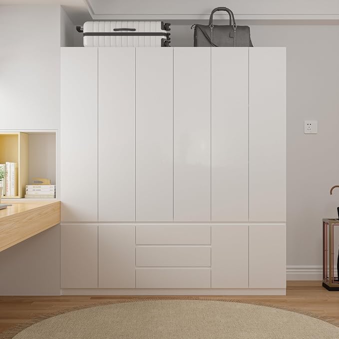 Mekminop Large Armoire Wardrobe Closet with Drawers and Shelves, White Bedroom Armoires with 6 Doors 2 Hanging Rods, Wooden Freestanding Wardrobe Armoire for Bedroom Organizer，23.6"D x 70.8"W x 77.8"H