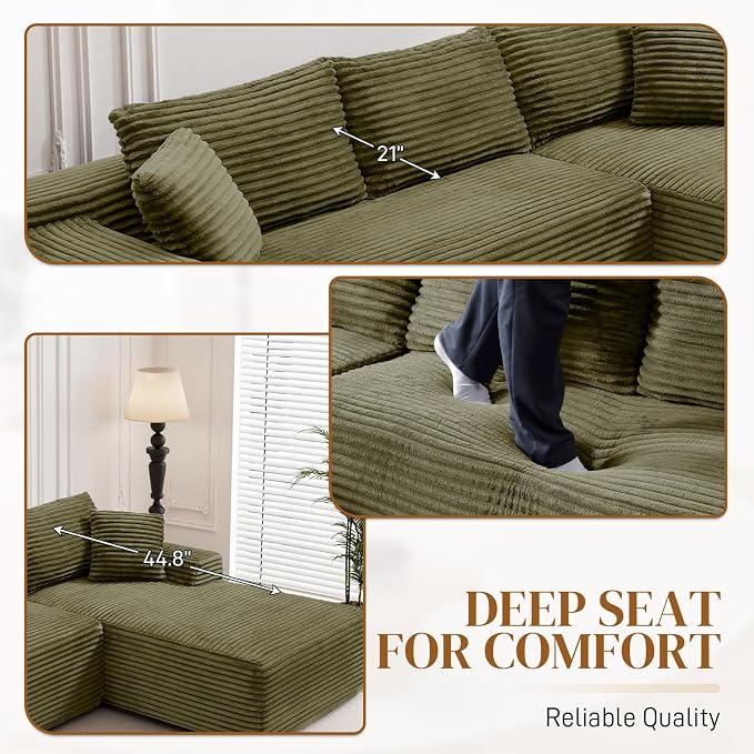 95" L Shaped Boneless Sectional Couches, Wide Armrest, Deep Seat, Memory Foam, Assembly Free, Modern Comfy Corduroy Fluffy Cloud Sofa with Right Chaise for Living Room, Small Spaces, Green