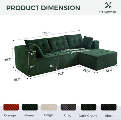 MAXYOYO Modular Sectional Sofa Couch, L Shaped Modern Cloud Couch with Ottoman, Sofa in A Box, Tufted 4-Seat Boneless Sleeper Chair for Living Room, No Assembly Required, Green