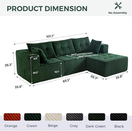 MAXYOYO Modular Sectional Sofa Couch, L Shaped Modern Cloud Couch with Ottoman, Sofa in A Box, Tufted 4-Seat Boneless Sleeper Chair for Living Room, No Assembly Required, Green