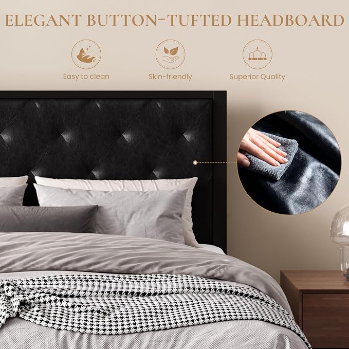 SHA CERLIN Full Size Metal Bed Frame with PU Tufted Headboard, Black | Modern Design Heavy-Duty Platform Bed, No Box Spring Need, PU Leather Upholstery, Noise Free, Easy Assembly