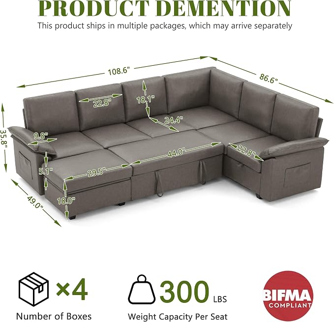 108 Inch Faux Leather Modular Sectional Sofa with Pull Out Bed,U Shaped 7 Seat Sectional Sleeper Sofa with Storage,Sectional Couches for Living Room,Cloud Modular Couch,Gray Leather