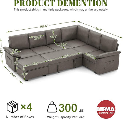 108 Inch Faux Leather Modular Sectional Sofa with Pull Out Bed,U Shaped 7 Seat Sectional Sleeper Sofa with Storage,Sectional Couches for Living Room,Cloud Modular Couch,Gray Leather