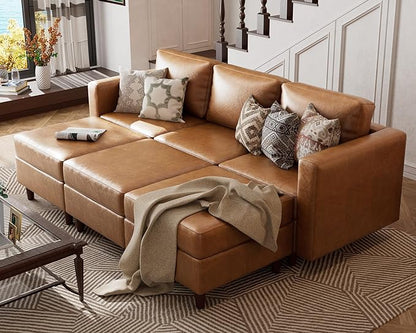 ABCASA Faux Leather Oversized Sleeper Sofa Bed with Storage Seat,6 Seat Modular Sectional Couch Deep Seat with Waterproof Covers & Movable Ottoman - Brown