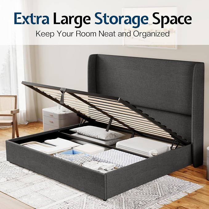 Jocisland Lift Up Storage Bed Queen Size Linen Upholstered Platform Bed Frame/Hydraulic Storage/Modern Wingback Headboard/No Box Spring Needed/Wood Slats Support/Dark Grey
