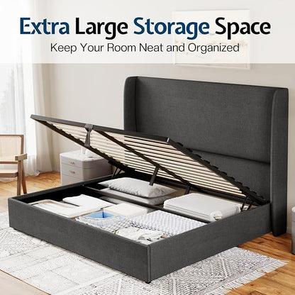 Jocisland Lift Up Storage Bed Queen Size Linen Upholstered Platform Bed Frame/Hydraulic Storage/Modern Wingback Headboard/No Box Spring Needed/Wood Slats Support/Dark Grey