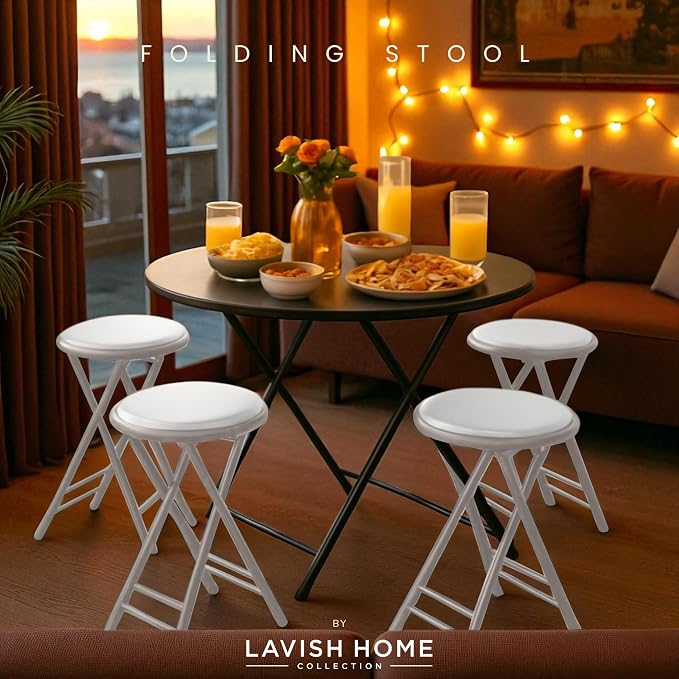 Lavish Home Folding Stool - Set of 4 Counter Height Bar Stools – 24-Inch Backless Folding Chairs with 225lb Capacity for Kitchen, Rec Room, or Game Room (White)