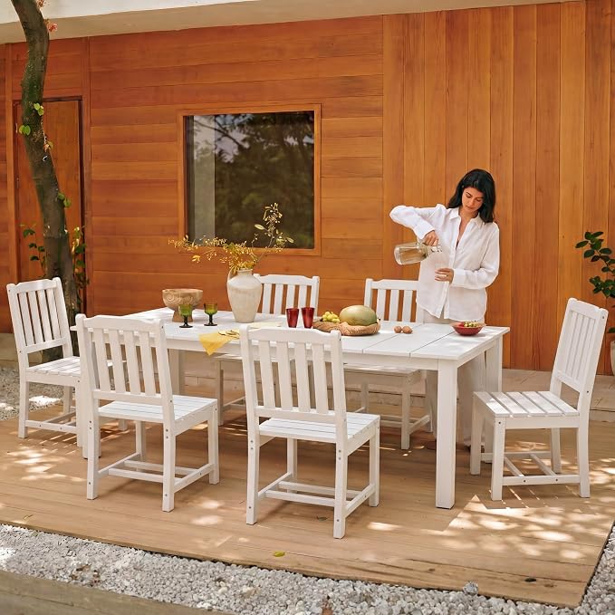 Perli™ 7-Piece Outdoor Dining Set, All-Weather HDPE Patio Table and 6 Chairs with Umbrella Hole, UV-Resistant Composite Wood Dining Furniture for Deck, Backyard, Poolside, White