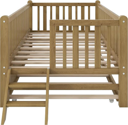 Merax Wood Twin Size Platform Bed with Guardrail and Trundle, Kids Bed Frame with Stairs, Walnut