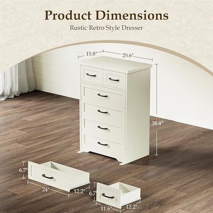 AODK Farmhouse Tall 6 Drawer Dresser for Bedroom, 5-Tier Vertical Storage Chest with Mixed Drawers, Engineered Wood Frame with Anti-Tip Safety, American Country Furniture, Vintage White