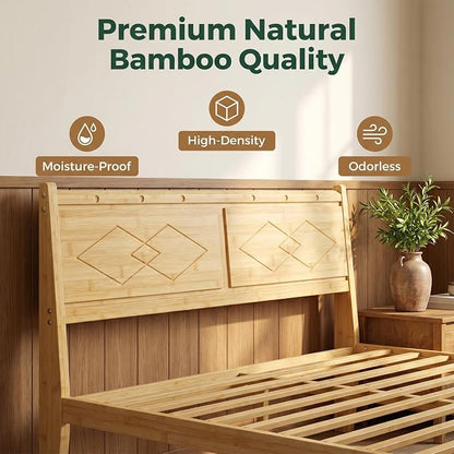 Askeld 12 inch Bamboo King Bed Frame with Headboard, Light Cottagecore Solid Wood Platform Bed No Box Spring Needed, Easy Assembly, Noise Free
