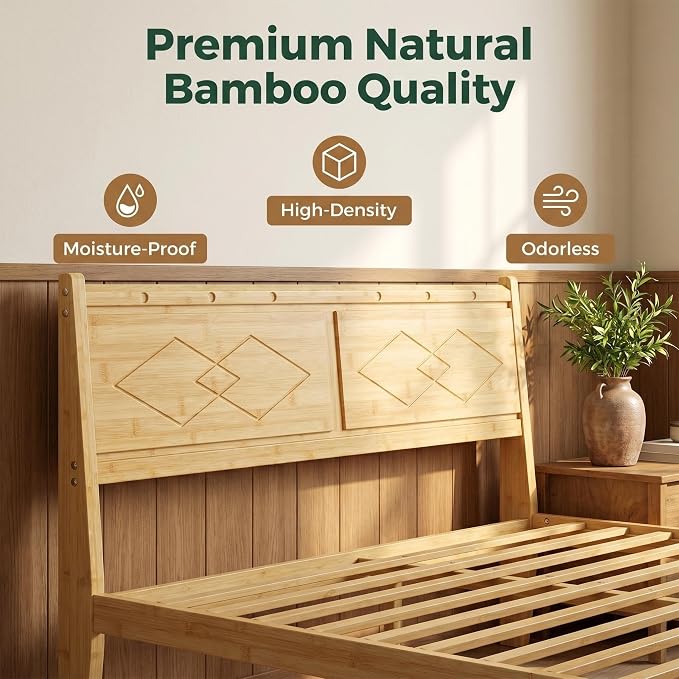 Askeld 14 inch Bamboo King Bed Frame with Headboard, Light Cottagecore Solid Wood Platform Bed No Box Spring Needed, Easy Assembly, Noise Free