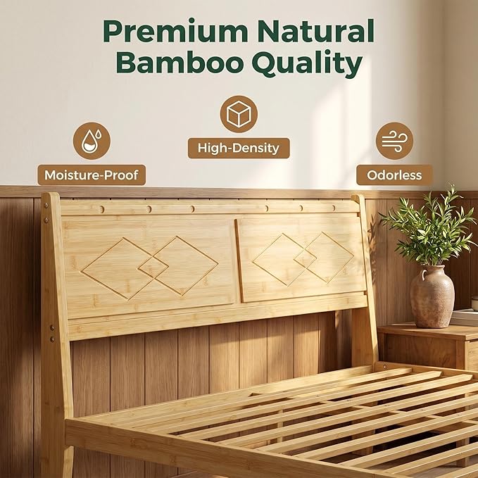 Askeld 12 inch Bamboo Queen Bed Frame with Headboard, Light Cottagecore Solid Wood Platform Bed No Box Spring Needed, Easy Assembly, Noise Free