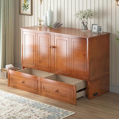 BALUS Murphy Bed, Queen Cabinet Bed with Tri-Fold Memory Foam Mattress, Modern Adults Guest Room Murphy Chest Cube Beds with Built-in Charging Station and Storage Drawers for Bedroom Apartment, Cherry