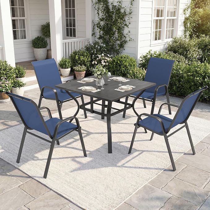 Outdoor Dining Set for 4,5pcs Patio Table and Chairs Set with Adjustable Umbrella Hole,37.8”x37.8” Square Metal Outdoor Table and Stackable Patio Chair for Yard, Garden, Porch