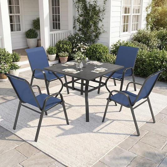 Outdoor Dining Set for 4,5pcs Patio Table and Chairs Set with Adjustable Umbrella Hole,37.8”x37.8” Square Metal Outdoor Table and Stackable Patio Chair for Yard, Garden, Porch